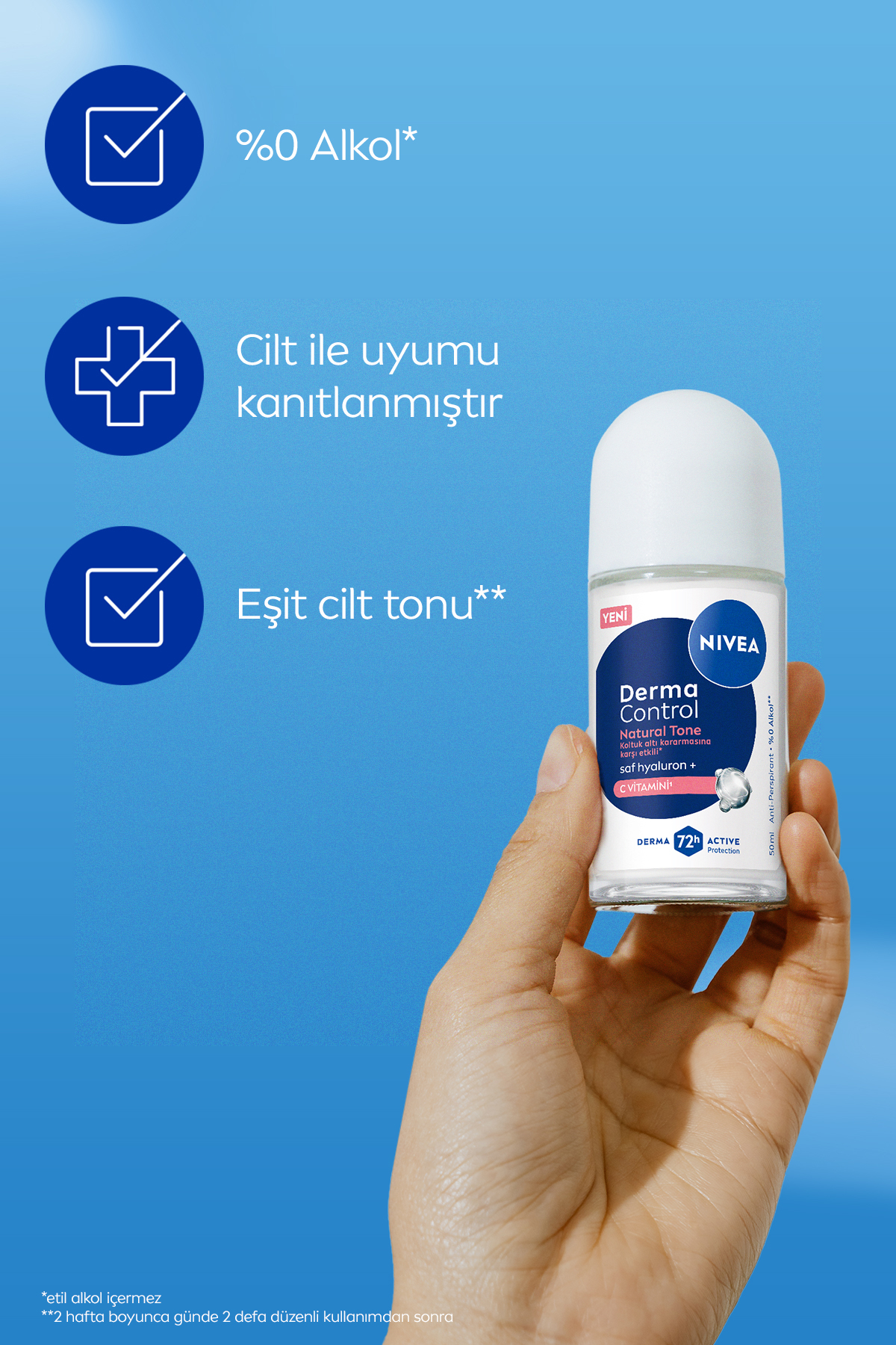 NIVEA Kadın Roll-on Deodorant Derma Control Natural Tone 50ml, Koltuk Altı Kararmasına Karşı, C Vitamini-