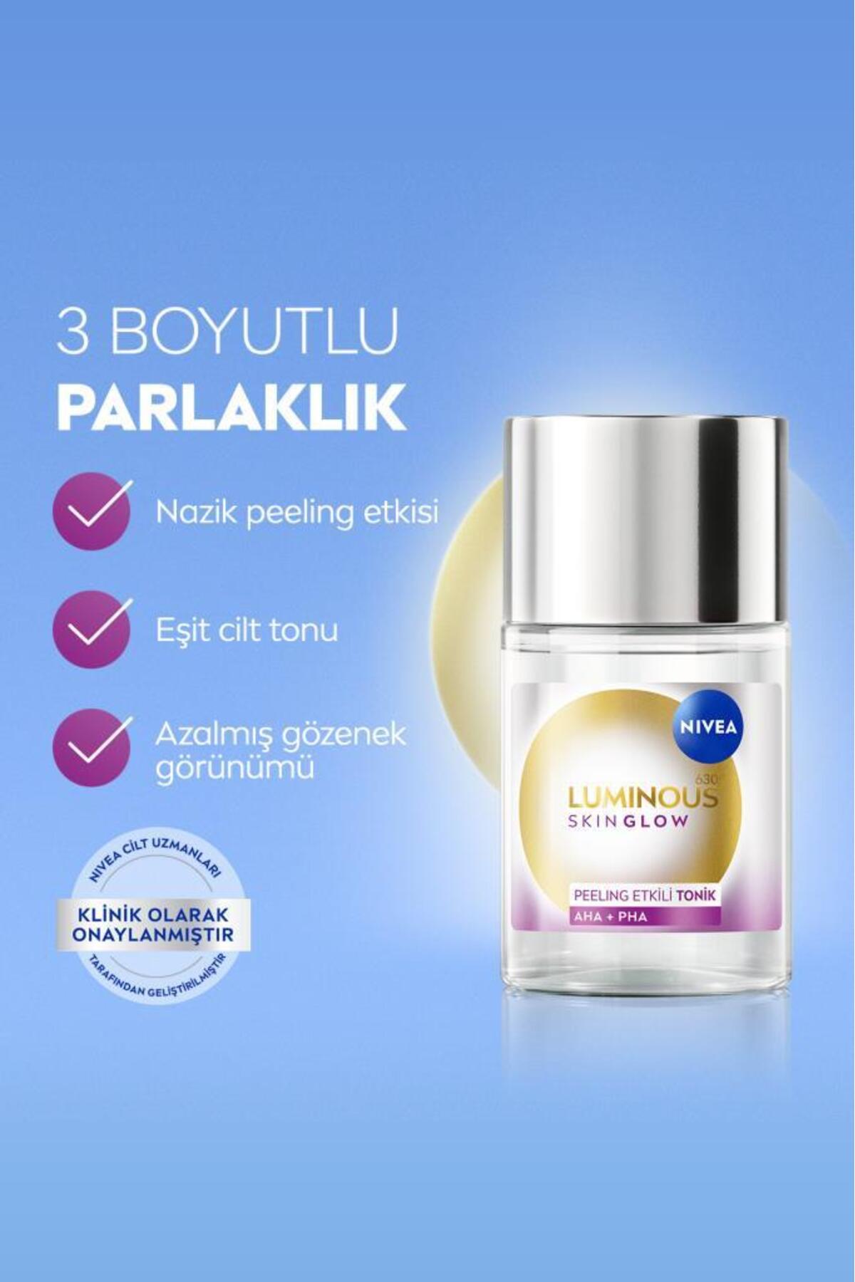 NIVEA Luminous630 Skin Glow Peeling Etkili Tonik 100ml, Parlaklık, Eşit Cilt Tonu, AHA PHA, Aloe Vera-