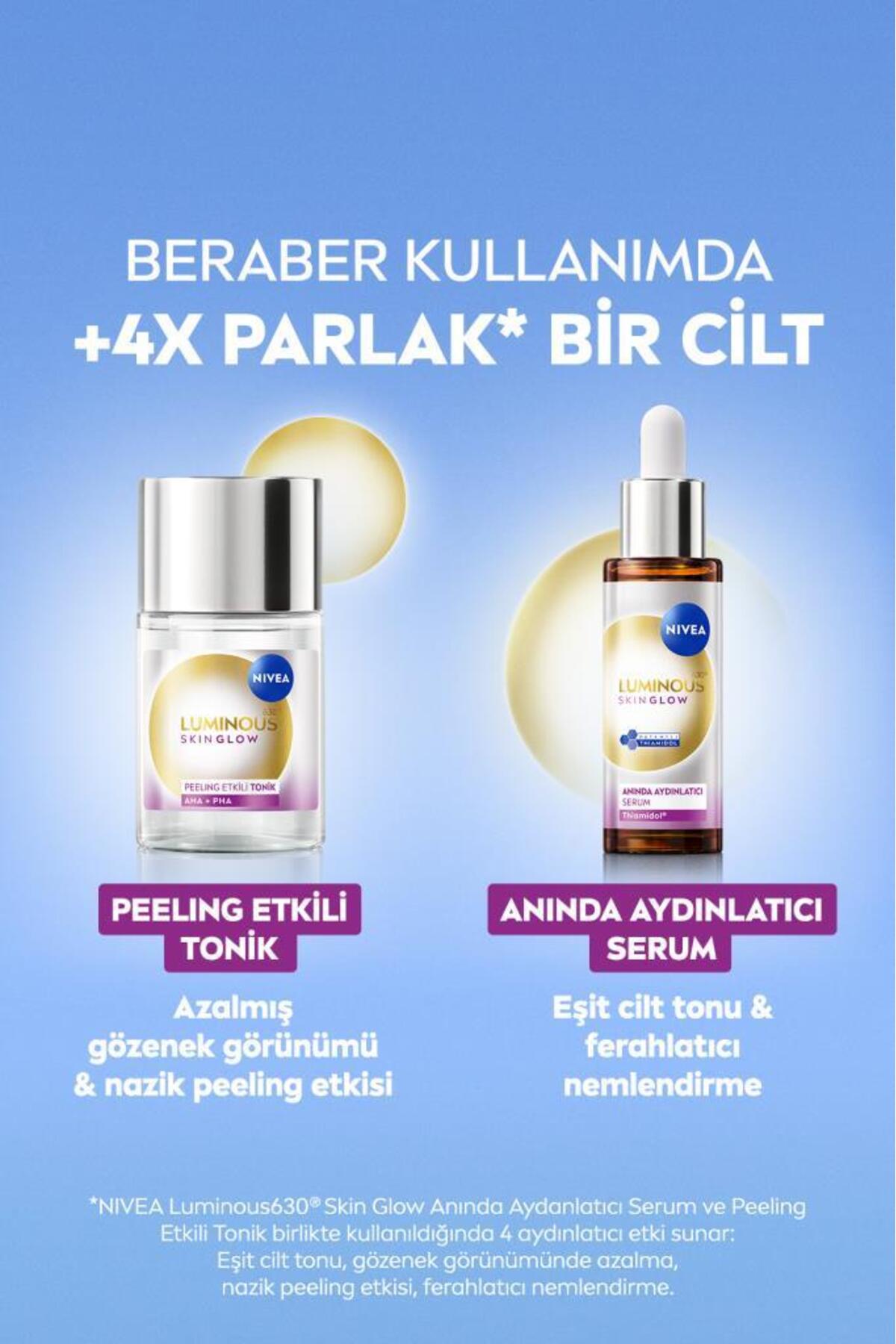 NIVEA Luminous630 Skin Glow Peeling Etkili Tonik 100ml, Parlaklık, Eşit Cilt Tonu, AHA PHA, Aloe Vera-
