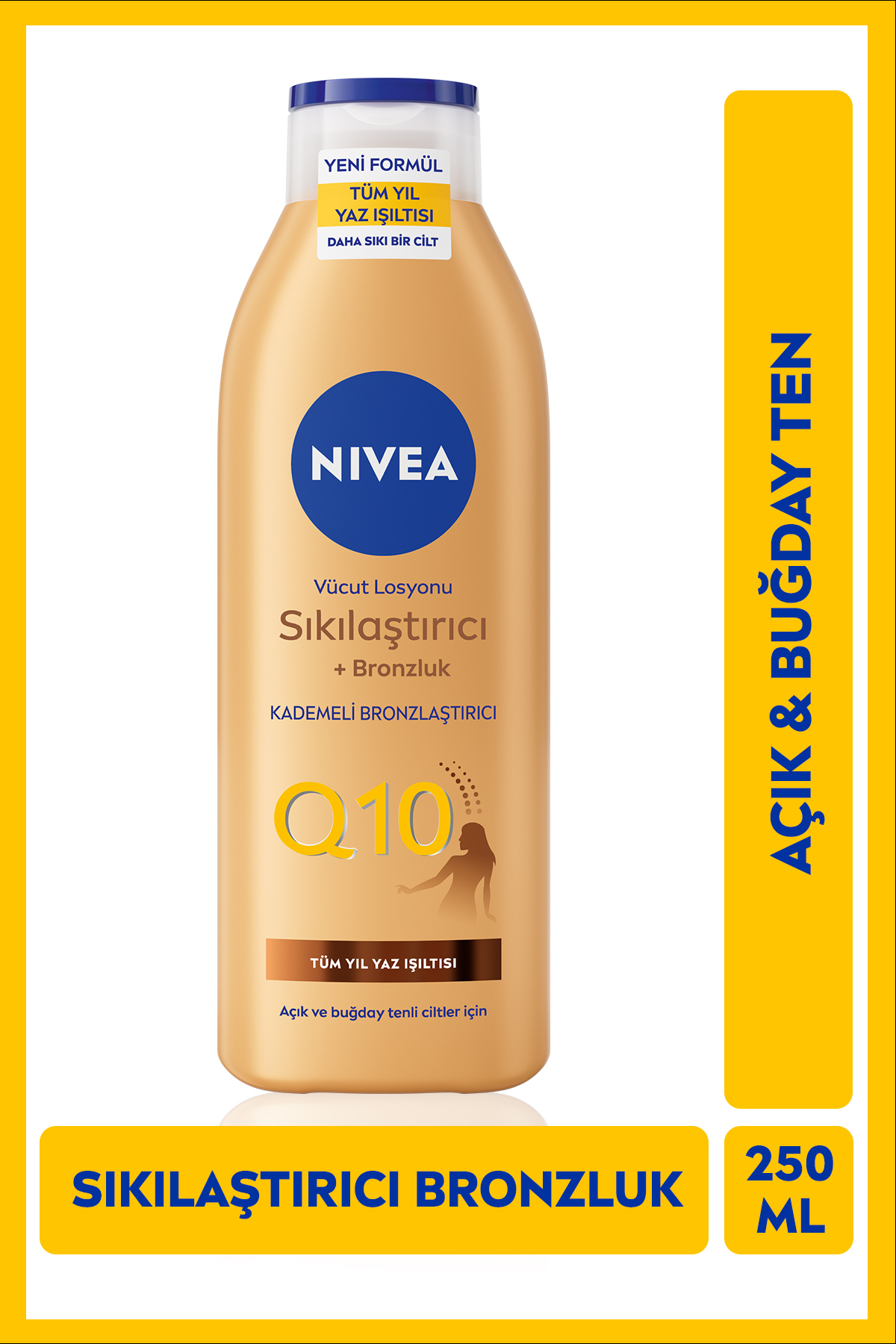 NIVEA Q10 Sıkılaştırıcı ve Bronzlaştırıcı Vücut Losyonu 250ml, Nemlendirici, Kademeli Bronzluk, Esnek Cilt-