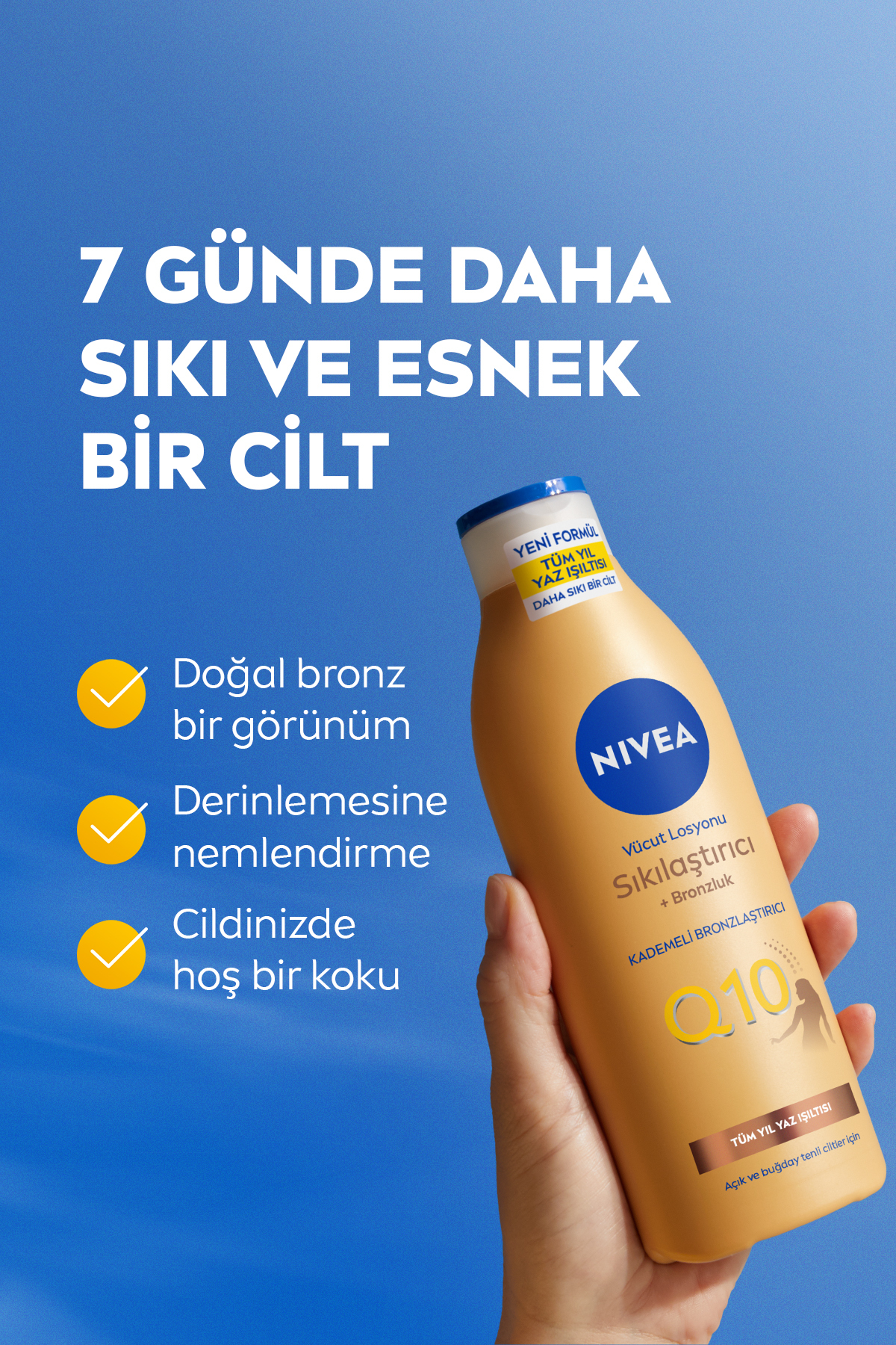 NIVEA Q10 Sıkılaştırıcı ve Bronzlaştırıcı Vücut Losyonu 250ml, Nemlendirici, Kademeli Bronzluk, Esnek Cilt-